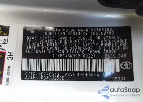 2009 Toyota Camry Le из США, поврежденный, VIN 4T4BE46K99R100227